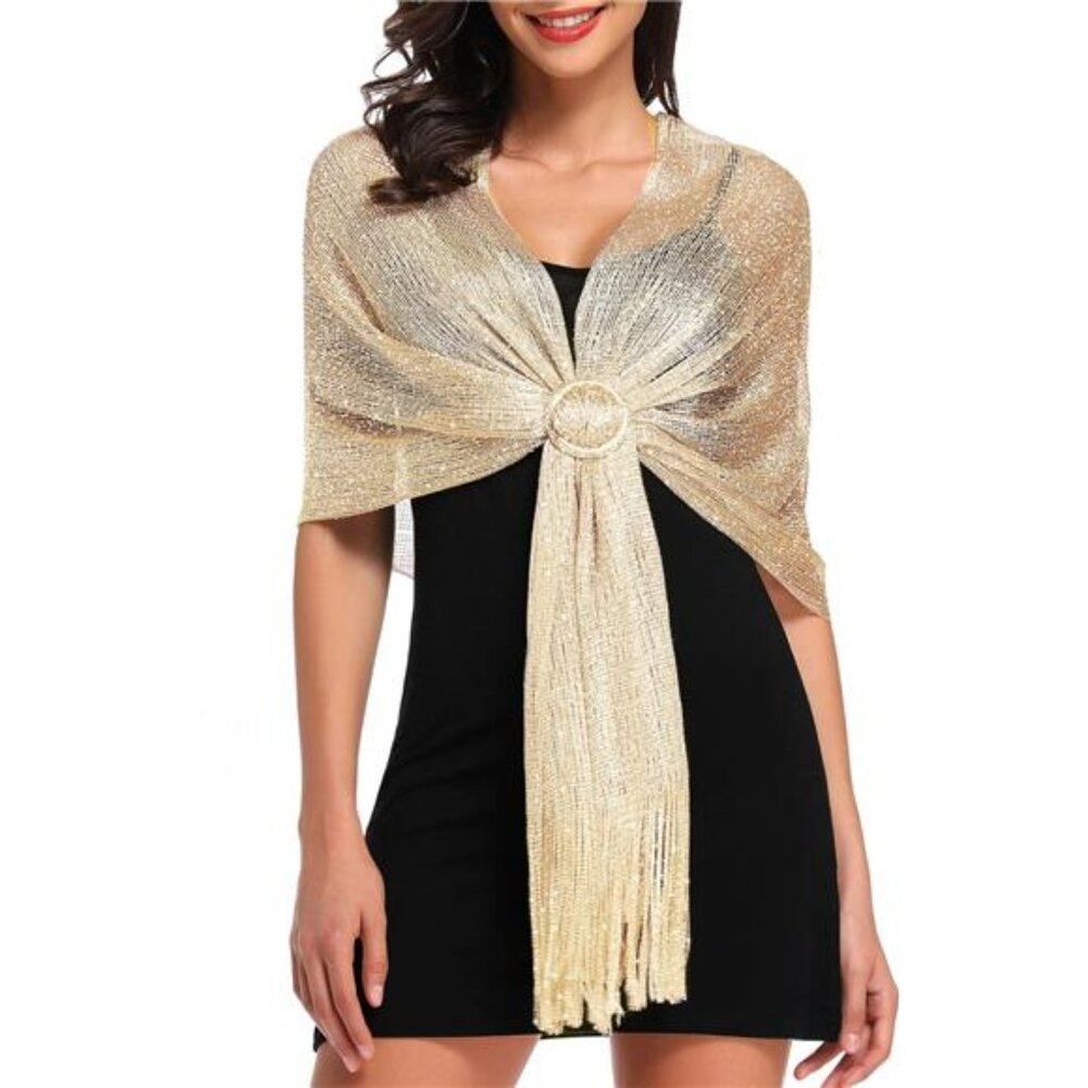 Elegant Gold Metallic Fringe Wrap Scarf